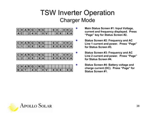 TSW Inverter Operation
                        Charger Mode
                                  Main Status Screen #1: Input Voltage,
C H A R G I N G     6 0 . 0 H z
                                  current and frequency displayed. Press
A C : 2 4 0 . 0 V     X X . X A
                                  “Page” key for Status Screen #2.

                                  Status Screen #2: Frequency and AC
C H A R G I N G     6 0 . 0 H z   Line 1 current and power. Press “Page”
L 1 : X X . X A     X X X X V A   for Status Screen #3.

                                  Status Screen #3: Frequency and AC
C H A R G I N G     6 0 . 0 H z   Line 2 current and power. Press “Page”
L 2 : X X . X A     X X X X V A   for Status Screen #4.

                                  Status Screen #4: Battery voltage and
C H A R G I N G
                                  charge current (DC). Press “Page” for
B A T : 4 8 . 0 V   X X X . X A
                                  Status Screen #1.




                                                                          38
 