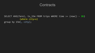 Contracts
SELECT AVG(fare), ts_15m FROM trips WHERE time >= (now() - 1h)
(where city=x)
group by 15m(, city);
 