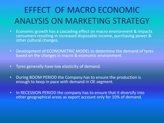 EFFECT OF MACRO ECONOMIC 
ANALYSIS ON MARKETING STRATEGY 
• Economic growth has a cascading effect on macro environment & impacts 
consumers resulting in increased disposable income, purchasing power & 
other cultural changes. 
• Development of ECONOMETRIC MODEL to determine the demand of tyres 
based on the changes in macro & economic environment. 
• Tyres generally have low elasticity of demand. 
• During BOOM PERIOD the Company has to ensure the production is 
enough to keep in pace with demand in OE segment. 
• In RECESSION PERIOD the company has to ensure that it diversify into 
other geographical areas as export account only for 10% of demand. 
 