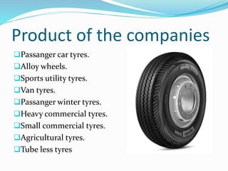 Product of the companies
Passanger car tyres.
Alloy wheels.
Sports utility tyres.
Van tyres.
Passanger winter tyres.
Heavy commercial tyres.
Small commercial tyres.
Agricultural tyres.
Tube less tyres
 