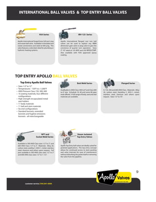 INTERNATIONAL BALL VALVES & TOP ENTRY BALL VALVES
customer service (704) 841-6000
95A Series
Apollo International forged brass full port stop
and waste ball valve. Available in threaded and
sweat connections and rated at 600 psig. This
valve features a side drain ideal for plumbing or
hydronic heating systems.
IBV-125 Series
Apollo International flanged cast iron ball
valves can be used to replace any IBBM
dimension gate valve or plug valve to give the
convience of quarter turn operation. Sizes
2”-10” rated at 125 WSP and 250 WOG/CWP.
Also available with FDA approved epoxy
coating.
Top Entry Apollo Ball Valves
• Sizes 1/2”to 12”
• Temperatures - 150°F to +1,000°F
• ANSI Pressure Class 150, 300, 600
• 16 seating materials, four different
configurations
• High strength encapsulated metal
seat holders
• 11 body materials
• 11 ball and stem materials
• Six end configurations
• Standard bonnets, extended
bonnets and fugitive emissions
bonnets - all interchangeable
Butt Weld Series
Availbable in ANSI Class 300 to 8”and Class 600
to 6” size. Schedule 10, 40 and some 80 pipe
ends offered. A full range of body, seat and seal
materials are available.
Flanged Series
In 150, 300 and 600 ANSI Class. Materials: Alloy
20, carbon steel, Hastelloy C, M35-1, nickel,
stainless steel, titanium and others upon
request. Sizes 1/2”to 10”.
TOP ENTRY APOLLO BALL VALVES
NPT and
Socket Weld Series
Available in 300 ANSI Class sizes 1/2”to 3”; and
600 ANSI Class 1/2” to 2”. Materials: Alloy 20,
carbon steel, astelloy C, M35-1, nickel, stainless
steel, titanium and others upon request. Full
port available in 300 ANSI class sizes 1/2” to 2”
and 600 ANSI class sizes 1/2”to 1-1/2”.
Steam Jacketed
Top Entry Valves
ApolloTop Entry ball valves are ideally suited for
jacketed applications. The top entry concept
allows for continued access to stem packing
and valve internals for ease of maintenance
without disturbing the jacket itself or removing
the valve from the pipeline.
9
 