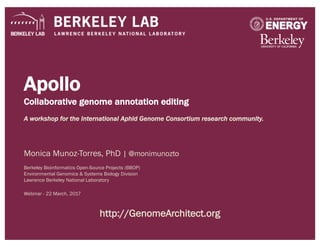Apollo
Collaborative genome annotation editing
A workshop for the International Aphid Genome Consortium research community.
Monica Munoz-Torres, PhD | @monimunozto
Berkeley Bioinformatics Open-Source Projects (BBOP)
Environmental Genomics & Systems Biology Division
Lawrence Berkeley National Laboratory
Webinar - 22 March, 2017
http://GenomeArchitect.org
 