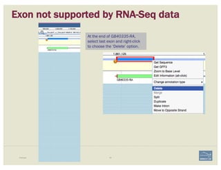 Exon not supported by RNA-Seq data
Example 64
At the end of GB40335-RA,
select last exon and right-click
to choose the ‘Delete’ option.
 