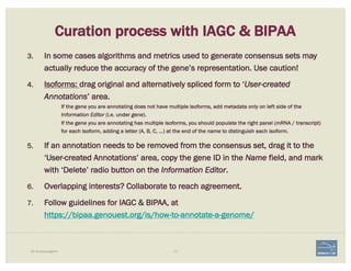 73i5K Workspace@NAL
3. In some cases algorithms and metrics used to generate consensus sets may
actually reduce the accuracy of the gene’s representation. Use caution!
4. Isoforms: drag original and alternatively spliced form to ‘User-created
Annotations’ area.
If the gene you are annotating does not have multiple isoforms, add metadata only on left side of the
Information Editor (i.e. under gene).
If the gene you are annotating has multiple isoforms, you should populate the right panel (mRNA / transcript)
for each isoform, adding a letter (A, B, C, …) at the end of the name to distinguish each isoform.
5. If an annotation needs to be removed from the consensus set, drag it to the
‘User-created Annotations’ area, copy the gene ID in the Name field, and mark
with ‘Delete’ radio button on the Information Editor.
6. Overlapping interests? Collaborate to reach agreement.
7. Follow guidelines for IAGC & BIPAA, at
https://bipaa.genouest.org/is/how-to-annotate-a-genome/
Curation process with IAGC & BIPAA
 