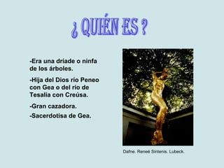 ¿ QUIÉN ES ? -Era una dríade o ninfa de los árboles. -Hija del Dios río Peneo con Gea o del río de Tesalia con Creúsa. -Gran cazadora. Dafne. Reneé Sintenis. Lubeck. -Sacerdotisa de Gea. 