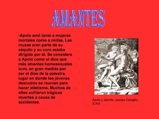 Amantes -Apolo amó tanto a mujeres mortales como a ninfas. Las musas eran parte de su séquito y su coro estaba dirigido por él. Se considera a Apolo como el dios que más amantes homosexuales tuvo, en gran medida por ser el dios de la palestra, lugar en donde los jóvenes desnudos se reunían para hacer atletismo. Muchos de ellos sufrieron trágicas muertes a causa de accidentes . Apolo y Jacinto. Jacopo Caraglio. S.XVI 
