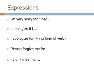 Expressions
   I'm very sorry for / that ...

   I apologize if I ...

   I apologize for (+ ing form of verb)

   Please forgive me for …

   I didn’t mean to …
 