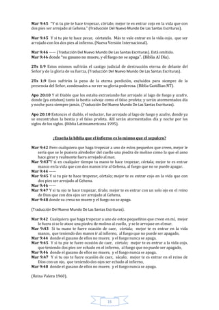 Mar 9:45 “Y si tu pie te hace tropezar, córtalo; mejor te es entrar cojo en la vida que con
dos pies ser arrojado al Gehena.” (Traducción Del Nuevo Mundo De Las Santas Escrituras).

Mar 9:45 Y si tu pie te hace pecar, córtatelo. Más te vale entrar en la vida cojo, que ser
arrojado con los dos pies al infierno. (Nueva Versión Internacional).

Mar 9:46 —— (Traducción Del Nuevo Mundo De Las Santas Escrituras). Está omitido.
Mar 9:46 donde “su gusano no muere, y el fuego no se apaga”. (Biblia Al Día).

2Ts 1:9 Estos mismos sufrirán el castigo judicial de destrucción eterna de delante del
Señor y de la gloria de su fuerza, (Traducción Del Nuevo Mundo De Las Santas Escrituras).

2Ts 1:9 Esos sufrirán la pena de la eterna perdición, excluidos para siempre de la
presencia del Señor, condenados a no ver su gloria poderosa. (Biblia Castillian NT).

Apo 20:10 Y el Diablo que los estaba extraviando fue arrojado al lago de fuego y azufre,
donde [ya estaban] tanto la bestia salvaje como el falso profeta; y serán atormentados día
y noche para siempre jamás. (Traducción Del Nuevo Mundo De Las Santas Escrituras).

Apo 20:10 Entonces el diablo, el seductor, fue arrojado al lago de fuego y azufre, donde ya
se encontraban la bestia y el falso profeta. Allí serán atormentados día y noche por los
siglos de los siglos. (Biblia Latinoamericana 1995).


            ¿Enseña la biblia que el infierno es lo mismo que el sepulcro?

Mar 9:42 Pero cualquiera que haga tropezar a uno de estos pequeños que creen, mejor le
   sería que se le pusiera alrededor del cuello una piedra de molino como la que el asno
   hace girar y realmente fuera arrojado al mar.
Mar 9:43”Y si en cualquier tiempo tu mano te hace tropezar, córtala; mejor te es entrar
   manco en la vida que con dos manos irte al Gehena, al fuego que no se puede apagar.
Mar 9:44 ——
Mar 9:45 Y si tu pie te hace tropezar, córtalo; mejor te es entrar cojo en la vida que con
   dos pies ser arrojado al Gehena.
Mar 9:46 ——
Mar 9:47 Y si tu ojo te hace tropezar, tíralo; mejor te es entrar con un solo ojo en el reino
   de Dios que con dos ojos ser arrojado al Gehena,
Mar 9:48 donde su cresa no muere y el fuego no se apaga.

(Traducción Del Nuevo Mundo De Las Santas Escrituras).

Mar 9:42 Cualquiera que haga tropezar a uno de estos pequeñitos que creen en mí, mejor
   le fuera si se le atase una piedra de molino al cuello, y se le arrojase en el mar.
Mar 9:43 Si tu mano te fuere ocasión de caer, córtala; mejor te es entrar en la vida
   manco, que teniendo dos manos ir al infierno, al fuego que no puede ser apagado,
Mar 9:44 donde el gusano de ellos no muere, y el fuego nunca se apaga.
Mar 9:45 Y si tu pie te fuere ocasión de caer, córtalo; mejor te es entrar a la vida cojo,
   que teniendo dos pies ser echado en el infierno, al fuego que no puede ser apagado,
Mar 9:46 donde el gusano de ellos no muere, y el fuego nunca se apaga.
Mar 9:47 Y si tu ojo te fuere ocasión de caer, sácalo; mejor te es entrar en el reino de
   Dios con un ojo, que teniendo dos ojos ser echado al infierno,
Mar 9:48 donde el gusano de ellos no muere, y el fuego nunca se apaga.

(Reina Valera 1960).




                                             15
 