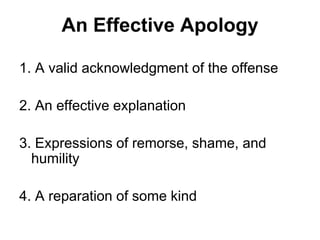 An Effective Apology
1. A valid acknowledgment of the offense
2. An effective explanation
3. Expressions of remorse, shame, and
humility
4. A reparation of some kind
 