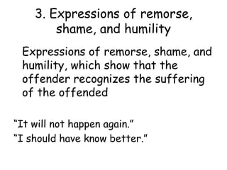 3. Expressions of remorse,
shame, and humility
Expressions of remorse, shame, and
humility, which show that the
offender recognizes the suffering
of the offended
“It will not happen again.”
“I should have know better.”
 