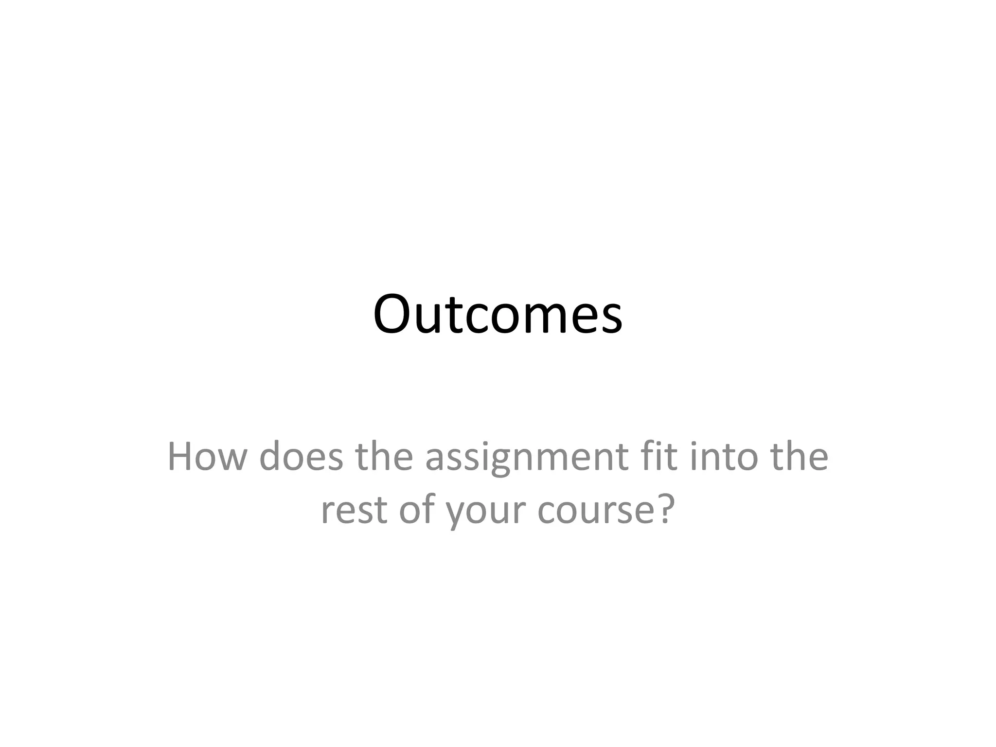 Outcomes

How does the assignment fit into the
       rest of your course?
 