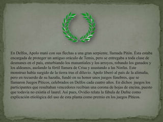 En Delfos, Apolo mató con sus flechas a una gran serpiente, llamada Pitón. Ésta estaba encargada de proteger un antiguo oráculo de Temis, pero se entregaba a toda clase de desmanes en el país, enturbiando los manantiales y los arroyos, robando los ganados y los aldeanos, asolando la fértil llanura de Crisa y asustando a las Ninfas. Este monstruo había surgido de la tierra tras el diluvio. Apolo liberó al país de la alimaña, pero en recuerdo de su hazaña, fundó en su honor unos juegos fúnebres, que se llamaron Juegos Píticos, celebrados en Delfos cada cuatro años. En dichos  juegos los participantes que resultaban vencedores recibían una corona de hojas de encina, puesto que todavía no existía el laurel. Así pues, Ovidio relata la fábula de Dafne como explicación etiológica del uso de esta planta como premio en los juegos Píticos.