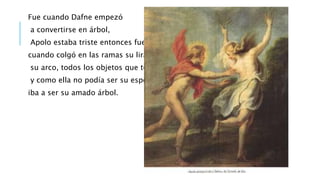 Fue cuando Dafne empezó
a convertirse en árbol,
Apolo estaba triste entonces fue
cuando colgó en las ramas su lira,
su arco, todos los objetos que tenía,
y como ella no podía ser su esposa,
iba a ser su amado árbol.
 