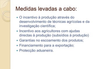 Medidas levadas a cabo:
   O incentivo à produção através do
    desenvolvimento de técnicas agrícolas e da
    investigação científica;
   Incentivo aos agricultores com ajudas
    directas à produção (subsídios à produção)
   Garantias no escoamento dos produtos;
   Financiamento para a exportação;
   Protecção aduaneira.
 