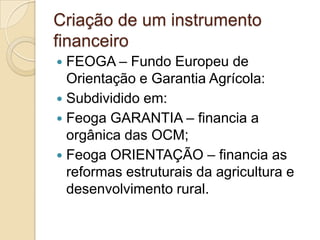 Criação de um instrumento
financeiro
 FEOGA – Fundo Europeu de
  Orientação e Garantia Agrícola:
 Subdividido em:
 Feoga GARANTIA – financia a
  orgânica das OCM;
 Feoga ORIENTAÇÃO – financia as
  reformas estruturais da agricultura e
  desenvolvimento rural.
 