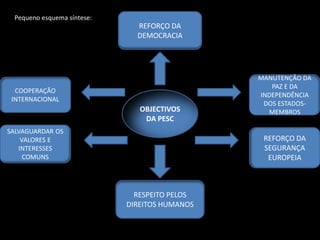Pequeno esquema síntese:
                              REFORÇO DA
                              DEMOCRACIA




                                               MANUTENÇÃO DA
                                                  PAZ E DA
  COOPERAÇÃO
                                               INDEPENDÊNCIA
 INTERNACIONAL
                                                DOS ESTADOS-
                               OBJECTIVOS        MEMBROS
                                DA PESC
SALVAGUARDAR OS
    VALORES E                                   REFORÇO DA
   INTERESSES                                   SEGURANÇA
     COMUNS                                      EUROPEIA



                              RESPEITO PELOS
                            DIREITOS HUMANOS
 