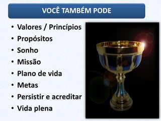 • Valores / Princípios
• Propósitos
• Sonho
• Missão
• Plano de vida
• Metas
• Persistir e acreditar
• Vida plena
VOCÊ TAMBÉM PODE
 