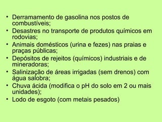 • Derramamento de gasolina nos postos de
combustíveis;
• Desastres no transporte de produtos químicos em
rodovias;
• Animais domésticos (urina e fezes) nas praias e
praças públicas;
• Depósitos de rejeitos (químicos) industriais e de
mineradoras;
• Salinização de áreas irrigadas (sem drenos) com
água salobra;
• Chuva ácida (modifica o pH do solo em 2 ou mais
unidades);
• Lodo de esgoto (com metais pesados)

 