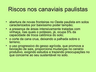 Riscos nos canaviais paulistas
• abertura de novas fronteiras no Oeste paulista em solos
caracterizados por baixíssimo poder tampão;
• a presença de áreas intensivamente tratadas com
vinhaça, nas quais o potássio, já, ocupa 5% da
capacidade de troca catiônica do solo;
• o corte da cana crua, deixando a palhada sobre o
terreno;
• o uso progressivo do gesso agrícola, que promove a
lixiviação de sais, proporciona mudanças no cenário
produtivo, exigindo estudos e trazendo preocupações no
que concerne ao seu sustentável no solo.

 