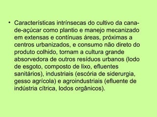 • Características intrínsecas do cultivo da canade-açúcar como plantio e manejo mecanizado
em extensas e contínuas áreas, próximas a
centros urbanizados, e consumo não direto do
produto colhido, tornam a cultura grande
absorvedora de outros resíduos urbanos (lodo
de esgoto, composto de lixo, efluentes
sanitários), industriais (escória de siderurgia,
gesso agrícola) e agroindustriais (efluente de
indústria cítrica, lodos orgânicos).

 