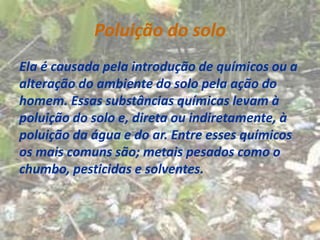 Poluição do solo
Ela é causada pela introdução de químicos ou a
alteração do ambiente do solo pela ação do
homem. Essas substâncias químicas levam à
poluição do solo e, direta ou indiretamente, à
poluição da água e do ar. Entre esses químicos
os mais comuns são; metais pesados como o
chumbo, pesticidas e solventes.
 
