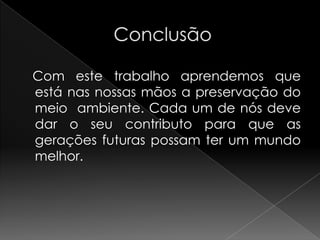                Conclusão   Com este trabalho aprendemos que está nas nossas mãos a preservação do meio  ambiente. Cada um de nós deve dar o seu contributo para que as gerações futuras possam ter um mundo melhor.   