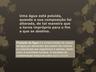 Uma água está poluída,
quando a sua composição foi
alterada, de tal maneira que
a torna imprópria para o fim
a que se destina.

Poluição da Água é a contaminação de corpos
de água por elementos que podem ser nocivos
ou prejudiciais aos organismos e plantas, assim
como à actividade humana. O resultado da
contaminação traduz-se como água poluída

 