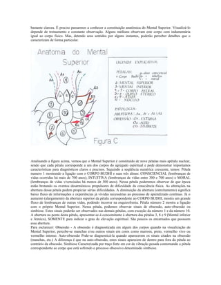 bastante clareza. É preciso passarmos a conhecer a constituição anatômica do Mental Superior. Visualizá-lo
depende de treinamento e constante observação. Alguns médiuns observam este corpo com indumentária
igual ao corpo físico. Mas, detendo seus sentidos por alguns instantes, poderão perceber detalhes que o
caracterizam de forma particular.
Analisando a figura acima, vemos que o Mental Superior é constituído de nove pétalas mais apétala nuclear,
sendo que cada pétala corresponde a um dos corpos do agregado espiritual e pode demonstrar importantes
características para diagnósticos claros e precisos. Seguindo a seqüência numérica crescente, temos: Pétala
numero 1 mostrando a ligação com o CORPO BUDHI e suas três almas: CONSCIENCIAL (lembranças de
vidas ocorridas há mais de 700 anos); INTUITIVA (lembranças de vidas entre 300 e 700 anos) e MORAL
(lembranças de vidas vivenciadas há menos de 300 anos). Nessa pétala poderemos observar de que época
estão brotando os eventos desarmônicos propulsores de dificuldade da consciência física. As alterações na
abertura dessa pétala podem propiciar sérias dificuldades. A diminuição da abertura (estreitamento) significa
baixo fluxo de informações e experiências já vividas necessárias ao processo de aprendizado contínuo. Já o
aumento (alargamento) da abertura superior da pétala correspondente ao CORPO BUDHI, mostra um grande
fluxo de lembranças de outras vidas, podendo incorrer na esquizofrenia. Pétala número 2 mostra a ligação
com o próprio Mental Superior. Nessa pétala, podemos observar sinais de obsessão, auto-obsessão ou
simbiose. Estes sinais poderão ser observados nas demais pétalas, com exceção da número 1 e da número 10.
A abertura na ponta desta pétala, apresentar-se-á concomitante à abertura das pétalas 3, 8 e 9 (Mental inferior
e Átmico), SOMENTE para indicar o grau de elevação espiritual. São poucos os encarnados que possuem
essa abertura.
Para esclarecer: Obsessão - A obsessão é diagnosticada em algum dos corpos quando na visualização do
Mental Superior, percebe-se manchas e/ou outros sinais em cores como marrom, preto, vermelho vivo ou
vermelho intenso. Auto-obsessão Pode-se diagnosticá-la quando aparecerem os sinais citados na obsessão
(manchas, etc.) A diferença é que na auto-obsessão, estes sinais aparecem de dentro para fora da pétala ao
contrário da obsessão. Simbiose Caracterizada por traço forte em cor de vibração pesada contornando a pétala
correspondente ao corpo que está sofrendo o processo obsessivo denominado simbiose.
 