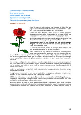 Compreender que ser compreendido,
Amar que ser amado,
Porque é dando, que se recebe,
É perdoando que se é perdoado,
E é morrendo, que se vive para a vida eterna.
A Cartilha do Bem Viver
Estou no caminho como todos, mas gostaria de falar algo que
julguei ser importante para a humanidade. São os lembretes e lições
para a vida, por isso achei coragem para lhes escrever.
Existem na Bíblia Sagrada, vários casos ou contos, pequenas
histórias que podem servir de exemplos ou luz para aqueles que
estão no caminho, sobretudo os ensinamentos do próprio Cristo.
Lembre-se que todo livro que fale do Amor a Deus, é Sagrado. Todo
planeta tem seus livros sagrados que falam do Amor a Deus.
Todos querem saber de que maneira: não ficar doente, não ser
atingido pelo mal, melhorar na vida ou seja, prosperar, etc..
Então vamos aprender como:
As pessoas perguntaram, muito. No princípio, tudo começou com
uma pequena história que eu contava. Foi assim...
Todos nós temos um anjo defensor que sabe tudo, esse amigo sabe
aquilo que nós não vemos, aquilo que está nas nossas costas, por
isso, você não se preocupe que falem de você por trás ou com o mal que alguém lhe fez, não revide,
não se vingue, deixe para lá, esse anjo vai passar e arrecadar para você, algo de bom que aquela
pessoa espera há anos, a sua benção, e que ela perdeu no momento em que praticou o ato de lhe
prejudicar.
Mas para que você possa receber as coisas boas dessa pessoa desavisada que se preocupa mais
com a vida dos outros do que com a sua própria, você não poderá fazer o mesmo, não deve falar por
trás ou contra o seu próximo, senão você vai encontrar-se na mesma situação daquele, isto é,
perderá a sua benção.
Lembre-se que isso deve ser corrigido desde o pensamento ( seus pensamentos devem ser sempre
limpos ). ORAI E VIGIAI.
Ao agir desse modo, você só vai ficar arrecadando e nunca perde nada para ninguém, você
prospera, se cura e nunca se expõe ao mal. É assim que funciona.
A Bíblia traz histórias que podem ajudar. Observando as personalidades da Bíblia Sagrada, desde o
Gênesis até o Apocalipse, vamos encontrar exemplos magníficos de amor ao próximo, tais como
Abel, Jó, Daniel, Jesus, Paulo, João e muitos outros.
No gráfico abaixo, a Linha da Vida, desenvolve-se desde o nascimento até a morte. Podemos
representar como sendo acima dessa linha, os atos positivos e abaixo dessa linha, os atos negativos.
Quando as suas vibrações são positivas você se torna merecedor de ganhar bênçãos, quando as
130
 