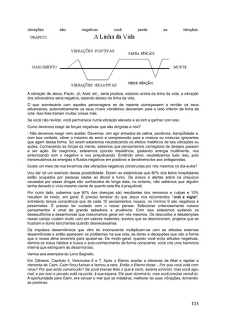 vibrações são negativas você perde as bênçãos.
A vibração de Jesus, Paulo, Jó, Abel, etc., seria positiva, estando acima da linha da vida, a vibração
dos adversários seria negativa, estando abaixo da linha da vida.
O que aconteceria com aqueles personagens se de repente começassem a revidar os seus
adversários, automaticamente os seus níveis vibratórios desceriam para o lado inferior da linha da
vida. Isso lhes trariam muitas coisas más.
Se você não revidar, você permanece numa vibração elevada e só tem a ganhar com isso.
Como devemos reagir às forças negativas que são dirigidas a nós?
- Não devemos reagir nem aceitar. Devemos, sim agir armados de calma, paciência, tranqüilidade e,
com boa vontade, vibrar o máximo de amor e compreensão para a criatura ou criaturas ignorantes
que agem dessa forma. Só assim estaremos neutralizando os efeitos maléficos de tais vibrações ou
ações. Conhecendo as forças da mente, sabemos que pensamentos carregados de desejos passam
a ser ação. Se reagirmos, estaremos opondo resistência, gastando energia inutilmente, nos
sintonizando com o negativo e nos prejudicando. Emitindo amor, neutralizamos tudo isso, pois
transmutamos as energias e fluidos negativos em positivos e devolvemo-los aos antagonistas.
Existe um meio de nos livrarmos das vibrações negativas construídas por nós mesmos no dia-a-dia?
Vou dar só um exemplo dessa possibilidade: Dizem as estatísticas que 80% dos leitos hospitalares
estão ocupados por pessoas dadas ao álcool e fumo. Os avisos e alertas sobre os prejuízos
causados por essas drogas são conhecidos de longa data, no entanto, não sabemos que alguém
tenha deixado o vício mesmo ciente de quanto este lhe é prejudicial.
Por outro lado, sabemos que 90% das doenças são resultantes dos remorsos e culpas e 10%
resultam do medo, em geral. É preciso lembrar do que Jesus nos recomendou "orai e vigiai",
entretanto temos consciência que de cada 10 pensamentos nossos, no mínimo 9 são negativos e
pessimistas. É preciso ter cuidado com o nosso pensar. Selecionar criteriosamente nossos
pensamentos é sinal de grande sabedoria e prudência. Com isso estaremos evitando os
desequilíbrios e desarmonias que costumamos gerar em nós mesmos. Os descuidos e desatenções
nesse campo custam muito caro em valores materiais, sonhos que se desmoronam, projetos que se
frustram e dores lancinantes quando desnecessárias.
Os impulsos desarmônicos que vêm do inconsciente multiplicam-se com as atitudes externas
desarmônicas e então aparecem os problemas na sua vida, as dores e decepções que são a forma
que a nossa alma encontra para ajustar-se. De modo geral, quando você evita atitudes negativas,
elimina os maus hábitos e busca o auto-conhecimento de forma consciente, você cria uma harmonia
interna que extinguem as desarmonias.
Vamos aos exemplos do Livro Sagrado.
Em Gênesis, Capítulo 4, Versículos 6 e 7. Após o Eterno aceitar a oferenda de Abel e rejeitar a
oferenda de Caim, Caim ficou furioso e fechou a cara. Então o Eterno disse: - Por que você está com
raiva? Por que anda carrancudo? Se você tivesse feito o que é certo, estaria sorrindo; mas você agiu
mal, e por isso o pecado está na porta, à sua espera. Ele quer dominá-lo, mas você precisa vencê-lo.
A oportunidade para Caim, era vencer o mal que se instalava, melhorar as suas vibrações, tornando-
as positivas.
131
 