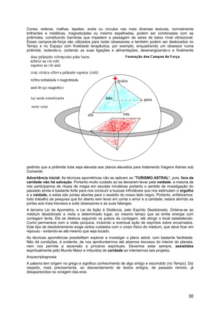 Cones, esferas, malhas, tapetes, anéis ou círculos nas mais diversas texturas, normalmente
brilhantes e metálicas, magnetizadas ou mesmo espelhadas, podem ser combinadas com as
pirâmides, constituindo barreiras que impedem a passagem de seres de baixo nível vibracional.
Esses campos-de-força são utilizados para isolar obsessores e também podem ser deslocados no
Tempo e no Espaço com finalidade terapêutica, por exemplo, enquadrando um obsessor numa
pirâmide, isolando-o, cortando as suas ligações e alimentações, desenergizando-o e finalmente
pedindo que a pirâmide toda seja elevada aos planos elevados para tratamento.Viagens Astrais sob
Comando
Advertência inicial: As técnicas apométricas não se aplicam ao "TURISMO ASTRAL", pois, fora da
caridade não há salvação. Portanto muito cuidado ao se deixarem levar pela vaidade, a maioria de
nós participamos de rituais de magia em escolas iniciáticas portanto o sentido de investigação do
passado ainda é bastante forte para nos conduzir a buscas infindáveis que nos estimulam o orgulho
e a vaidade, e estas são portas abertas para o assédio do nosso lado negro. Portanto, enfatizamos:
todo trabalho de pesquisa que for aberto sem levar em conta o amor e a caridade, estará abrindo as
portas aos mais trevosos e sutis obsessores e as suas falanges.
A terceira Lei da Apometria, a Lei da Ação à Distância, pelo Espírito Desdobrado. Ordena-se ao
médium desdobrado a visita a determinado lugar, ao mesmo tempo que se emite energia com
contagem lenta. Ele se desloca seguindo os pulsos da contagem, até atingir o local estabelecido.
Como permanece com a visão psíquica, incluindo a eventual ação de espíritos sobre encarnados.
Este tipo de desdobramento exige certos cuidados com o corpo físico do médium, que deve ficar em
repouso - evitando-se até mesmo que seja tocado.
As técnicas apométricas possibilitam explorar e investigar o plano astral, com bastante facilidade.
Não dá condições, é evidente, de nos aprofundarmos até abismos trevosos do interior do planeta,
nem nos permite a ascensão a píncaros espirituais. Devemos estar sempre, assistidos
espiritualmente pelo Mundo Maior e imbuídos de caridade ao intentarmos tais projetos.
Arquecriptognosia
A palavra tem origem no grego e significa conhecimento de algo antigo e escondido (no Tempo). Diz
respeito, mais precisamente, ao desvendamento de textos antigos, de passado remoto, já
desaparecidos na voragem das eras.
30
 