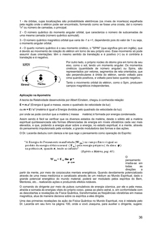 1 - As órbitas, cujas localizações são probabilidade eletrônicas (os níveis de incerteza) espalhada
pela região onde o elétron pode ser encontrado, formando como se fosse uma crosta, daí o número
"n" ou número de camadas, o principal.
2 - O número quântico do momento angular orbital, que caracteriza o número de subcamadas de
uma mesma camada (número quântico azimutal).
3 - O número quântico magnético orbital que varia de -1 a +1, dependendo pois do valor de 1 ou seja,
o momento angular orbital.
4 - O quarto número quântico é o seu momento cinético, o "SPIN" (que significa giro em inglês), que
é devido ao movimento de rotação do elétron em torno de seu próprio eixo. Esse movimento só pode
assumir duas orientações: têm o mesmo sentido da translação e é positivo (+) ou é contrária à
translação e é negativo.
Por outro lado, o próprio núcleo do átomo gira em torno de seu
eixo, como o sol, tendo um momento angular. Os momentos
cinéticos (quantidade de número angular) ou Spins, são
representados por vetores, segmentos de reta orientados, que
são perpendiculares à órbita do elétron, sendo voltado para
cima quando positivos, e voltado para baixo quando negativo.
Tanto o movimento orbital do elétron, como o Spin, produzem
campos magnéticos independentes.
Aplicação na Apometria
A teoria da Relatividade desenvolvida por Albert Einstein, chegou à conhecida relação:
E = m.c2
(Energia é igual a massa, vezes o quadrado da velocidade da luz)
ou m = E / c2
(matéria é igual a Energia dividida pelo quadrado da velocidade da luz)
por onde se pode concluir que a matéria ( massa matéria) é formada por energia condensada.
Assim sendo é fácil se verificar que os diversos estados da matéria, desde o sólido até a matéria
espiritual quintessenciada são formas diferenciadas de energia em níveis vibratórios cada vez mais
elevados, e que, podendo a energia atuar sobre a energia, no estado espiritual, é a mente, através
do pensamento impulsionado pela vontade, a grande moduladora das formas e das ações.
O Dr. Lacerda deduziu com clareza a lei que rege o pensamento como operação do Espírito:
O
pensamento
irradia-se em
todas as
direções a
partir da mente, por meio de corpúsculos mentais energéticos. Quando devidamente potencializado
através de uma mesa mediúnica e canalizado através de um médium ao Mundo Espiritual, dado o
grande potencial energético do mundo material, poderá ser modulado pelos espíritos do Bem,
Mentores, etc... realizando ações e produzindo efeitos notáveis.
O comando do dirigente por meio de pulsos cumulativos de energia cósmica, por ele e pela mesa,
atraída e somada às energias vitais do próprio corpo, passa ao plano astral, e, em conformidade com
as descobertas e revelações da Física Quântica, transformadas as freqüências vibratórias em massa
magnética, atua de maneira decisiva sobre os espíritos a eles dirigida.
Uma das primeiras revelações da ação da Física Quântica no Mundo Espiritual, nos é relatada pelo
Dr. Lacerda em seu livro na página 100, onde a vovó Joaquina, para auxiliar o dirigente, sugere:
36
 
