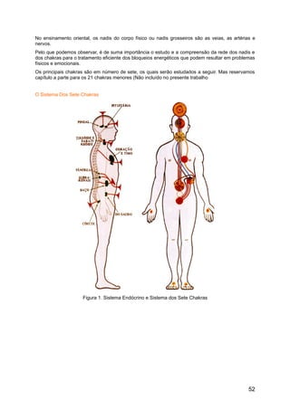 No ensinamento oriental, os nadis do corpo físico ou nadis grosseiros são as veias, as artérias e
nervos.
Pelo que podemos observar, é de suma importância o estudo e a compreensão da rede dos nadis e
dos chakras para o tratamento eficiente dos bloqueios energéticos que podem resultar em problemas
físicos e emocionais.
Os principais chakras são em número de sete, os quais serão estudados a seguir. Mas reservamos
capítulo a parte para os 21 chakras menores (Não incluído no presente trabalho
O Sistema Dos Sete Chakras
Figura 1. Sistema Endócrino e Sistema dos Sete Chakras
52
 