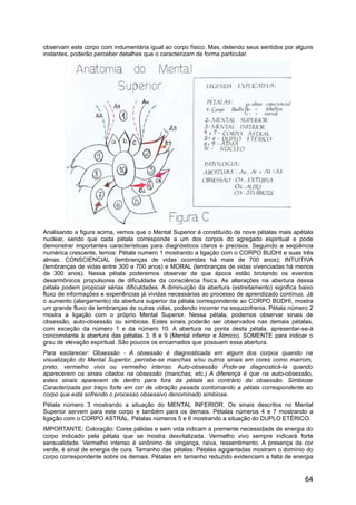 observam este corpo com indumentária igual ao corpo físico. Mas, detendo seus sentidos por alguns
instantes, poderão perceber detalhes que o caracterizam de forma particular.
Analisando a figura acima, vemos que o Mental Superior é constituído de nove pétalas mais apétala
nuclear, sendo que cada pétala corresponde a um dos corpos do agregado espiritual e pode
demonstrar importantes características para diagnósticos claros e precisos. Seguindo a seqüência
numérica crescente, temos: Pétala numero 1 mostrando a ligação com o CORPO BUDHI e suas três
almas: CONSCIENCIAL (lembranças de vidas ocorridas há mais de 700 anos); INTUITIVA
(lembranças de vidas entre 300 e 700 anos) e MORAL (lembranças de vidas vivenciadas há menos
de 300 anos). Nessa pétala poderemos observar de que época estão brotando os eventos
desarmônicos propulsores de dificuldade da consciência física. As alterações na abertura dessa
pétala podem propiciar sérias dificuldades. A diminuição da abertura (estreitamento) significa baixo
fluxo de informações e experiências já vividas necessárias ao processo de aprendizado contínuo. Já
o aumento (alargamento) da abertura superior da pétala correspondente ao CORPO BUDHI, mostra
um grande fluxo de lembranças de outras vidas, podendo incorrer na esquizofrenia. Pétala número 2
mostra a ligação com o próprio Mental Superior. Nessa pétala, podemos observar sinais de
obsessão, auto-obsessão ou simbiose. Estes sinais poderão ser observados nas demais pétalas,
com exceção da número 1 e da número 10. A abertura na ponta desta pétala, apresentar-se-á
concomitante à abertura das pétalas 3, 8 e 9 (Mental inferior e Átmico), SOMENTE para indicar o
grau de elevação espiritual. São poucos os encarnados que possuem essa abertura.
Para esclarecer: Obsessão - A obsessão é diagnosticada em algum dos corpos quando na
visualização do Mental Superior, percebe-se manchas e/ou outros sinais em cores como marrom,
preto, vermelho vivo ou vermelho intenso. Auto-obsessão Pode-se diagnosticá-la quando
aparecerem os sinais citados na obsessão (manchas, etc.) A diferença é que na auto-obsessão,
estes sinais aparecem de dentro para fora da pétala ao contrário da obsessão. Simbiose
Caracterizada por traço forte em cor de vibração pesada contornando a pétala correspondente ao
corpo que está sofrendo o processo obsessivo denominado simbiose.
Pétala número 3 mostrando a situação do MENTAL INFERIOR. Os sinais descritos no Mental
Superior servem para este corpo e também para os demais. Pétalas números 4 e 7 mostrando a
ligação com o CORPO ASTRAL. Pétalas números 5 e 6 mostrando a situação do DUPLO ETÉRICO.
IMPORTANTE: Coloração: Cores pálidas e sem vida indicam a premente necessidade de energia do
corpo indicado pela pétala que se mostra desvitalizada. Vermelho vivo sempre indicará forte
sensualidade. Vermelho intenso é sinônimo de vingança, raiva, ressentimento. A presença da cor
verde, é sinal de energia de cura. Tamanho das pétalas: Pétalas agigantadas mostram o domínio do
corpo correspondente sobre os demais. Pétalas em tamanho reduzido evidenciam a falta de energia
64
 