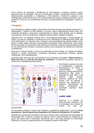 Como caminho de verificação e identificação da sintomatologia e problema, podemos sugerir
algumas formas de abordagem, tais como a observação, intuição e visualização mental, os vários
desdobramentos apométricos e a Regressão a Vida Passada, o histórico do paciente e sua
sintomatologia, Juntando tudo isso, com a nossa experiência e estudo, poderemos acessar a raiz do
problema, e como já é do conhecimento de todos, no aprofundamento do diagnóstico, iniciamos a
terapia.
A Terapêutica
Como terapêutica, podemos sugerir o alinhamento dos Níveis Conscienciais através da Apometria, a
Desobsessão, a Terapia de Vida Passada, os Florais e Micro Organizadores Florais, todos com
excelentes resultados e ainda temos recomendação de integrar várias terapias que se utilizadas
conjuntamente, de forma equilibrada e inteligente, podem produzir verdadeiros milagres.
Queremos abrir um parágrafo especial para o aconselhamento,orientação e conscientização da
criatura, que sem as avaliações e mudanças de rumos, dificilmente fica definitivamente curada, pois
como todos sabem, no mais das vezes, a doença é uma conseqüência das atitudes erradas, vícios
lesivos à saúde, hábitos inferiores e pensamentos tumultuados. Essas desarmonias, cujas causas
devem ser levadas ao conhecimento das criaturas em tratamento, inclusive conscientizando-as sobre
as Leis Cósmicas que conduzem o processo evolutivo e que não podem ser violadas sem dolorosas
conseqüências.
Deve haver o esforço honesto e sincero de contribuição do próprio doente, na mudança de hábitos,
evitando a conduta desarmônica, sentimentos distorcidos, pensamentos inferiores, atitudes
inadequadas, vícios desagregadores.
O paciente deve, acima de tudo, ser lembrado do que recomenda o Evangelho, "Buscai primeiro o
Reino dos Céus e o resto lhe será dado por acréscimo". A chave de seu equilíbrio repousa na
sintonia com a realidade espiritual superior.
Para finalizar, queremos convidar
os companheiros a pesquisar,
estimulando-os ao estudo e
experimentação, visando
aprimorar o que já conhecemos e
descobrimos. Não tendo a
pretensão de saber tudo, e até
podendo estar errados,
queremos colaborar de forma
sincera, com as técnicas e
recursos que descobrimos e
utilizamos, oferecendo-as aos
demais companheiros de
caminhada espiritual. Muito
obrigado.
A ARTE - CURAA ARTE - CURA
Arte-Cura é o trabalho de
desenvolvimento mediúnico com
a incorporação das crianças da
Creche, em fase pré-
reencarnatória.
As informações contidas no texto foram coletadas na experiência presenciada e nos livros Dicas
Apométricas - Quem Pergunta Quer Respostas e Os Portais da Felicidade de J. S. Godinho.
Aparenta-nos que esse tipo de trabalho é mais leve e propício para o treinamento da mediunidade de
incorporação com os alunos da escola de médiuns e para o desenvolvimento da experiência do
grupo, até mesmo para o doutrinador. Recomendo que o tema seja discutido na Fraternidade
Espiritual Dr. Lourenço, grupo apométrico em formação da cidade de São Paulo.
85
 
