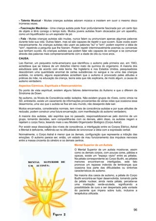 - Talento Musical - Muitas crianças autistas adoram música e insistem em ouvir o mesmo disco
inúmeras vezes.
- Fascinação Mecânica - Uma criança autista pode ficar profundamente fascinada por um certo tipo
de objeto e tê-lo consigo o tempo todo. Muitos jovens autistas ficam obcecados por um aparelho,
como um liquidificador ou um aspirador de pó.
- Fala - Muitas crianças autistas são mudas, nunca falam ou pronunciam apenas algumas palavras
durante toda sua vida. Outras falam, mas só são capazes de repetir o que ouvem. Suas vozes soam
mecanicamente. As crianças autistas não usam as palavras "eu" e "sim"; podem exprimir a idéia de
"sim", repetindo a pergunta que lhe fizeram. Podem repetir interminavelmente poemas ou conversas
que tenham ouvido. As crianças autistas que podem falar são capazes de começar a se comunicar
através das palavras mais compreensivelmente com a idade de oito ou nove anos.
CAUSA:
Leo Kanner, um psiquiatra norte-americano que identificou o autismo pela primeira vez, em 1943,
acreditava que se tratava de um distúrbio interno inato da química do organismo. A maioria dos
estudiosos está de acordo com esta teoria. Na Inglaterra e nos Estados Unidos, pesquisadores
descobriram uma quantidade anormal de certas substâncias no sangue e na urina das crianças
autistas, no entanto, alguns especialistas acreditam que o autismo é provocado pelas atitudes e
práticas da mãe, na educação da criança, teoria esta que não explicaria, de modo algum, a causa do
autismo verdadeiro.
Aspectos Cármicos, Espirituais e Reencarnatórios
Do ponto de vista espiritual, existem alguns fatores determinantes do Autismo e que o diferem da
Síndrome de Down.
No autismo, os Níveis de Consciência estão isolados. Não existem grupos de nÍveis, como vimos na
SD, entretanto, existe um vazamento de informações provenientes de várias vidas que ocasiona essa
desarmonia, uma vez que o autista se fixa em seu mundo, não desejando dele sair.
Muitos encarnados, considerados normais, tem níveis de consciência autistas e por suas atitudes de
reclusão, podem construir uma futura encarnação, com manifestação do autismo verdadeiro.
A maioria dos autistas, são espíritos que no passado, responsabilizaram-se pelo domínio de um
grupo, tomando decisões, sem compartilha-las com os demais, além disso, os autistas negam e
rejeitam o corpo físico, lesando mais o seu Modelo Organizador Biológico (Corpo Astral).
Por existir essa dissociação dos níveis de consciência, a interligação entre os Corpos Etérico, Astral
e Mental é deficiente, refletindo-se na dificuldade de sincronizar a idéia com a expressão verbal.
Normalmente, o Corpo Astral é menor que os demais, configuração que representa a inibição das
emoções. O autismo parece ser, então, um estado de mau funcionamento dos impulsos nervosos
entre a massa cinzenta do cérebro e os demais centros.
Mental Superior de um Autista
O Mental Superior de um autista mostra-se, assim
como os demais corpos, com poucas cores, pálidas e
opacas, existe um "espaço vazio" entre as pétalas.
Na pétala correspondente ao Corpo Budhi, as pétalas
menores encontram-se interligadas, este fato
promove um repasse indevido de lembranças que
ocasiona boa parte das dificuldades ou sintomas
característicos do autismo.
Na maioria dos casos de autismo, a pétala do Corpo
Budhi encontra-se hiper desenvolvida, tomando parte
da pétala nuclear, ainda nesta pétala, percebe-se
uma irradiação verde-azulada, significando a
possibilidade de cura a ser despertada pela vontade
do paciente que impera sobre tudo, inclusive a
terapêutica utilizada.
96
 