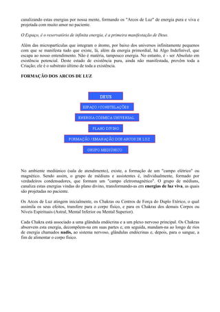 canalizando estas energias por nossa mente, formando os "Arcos de Luz" de energia pura e viva e
projetada com muito amor no paciente.
O Espaço, é o reservatório de infinita energia, é a primeira manifestação de Deus.
Além das micropartículas que integram o átomo, por baixo dos universos infinitamente pequenos
com que se manifesta tudo que existe, lá, além da energia primordial, há Algo Indefinível, que
escapa ao nosso entendimento. Não é matéria, tampouco energia. No entanto, é - ser Absoluto em
existência potencial. Deste estado de existência pura, ainda não manifestada, provêm toda a
Criação; ele é o substrato último de toda a existência.
FORMAÇÃO DOS ARCOS DE LUZ
No ambiente mediúnico (sala de atendimento), existe, a formação de um "campo elétrico" ou
magnético. Sendo assim, o grupo de médiuns e assistentes é, individualmente, formado por
verdadeiros condensadores, que formam um "campo eletromagnético". O grupo de médiuns,
canaliza estas energias vindas do plano divino, transformando-as em energias de luz viva, as quais
são projetadas no paciente.
Os Arcos de Luz atingem inicialmente, os Chakras ou Centros de Força do Duplo Etérico, o qual
assimila os seus efeitos, transfere para o corpo físico, e para os Chakras dos demais Corpos ou
Níveis Espirituais (Astral, Mental Inferior ou Mental Superior).
Cada Chakra está associado a uma glândula endócrina e a um plexo nervoso principal. Os Chakras
absorvem esta energia, decompõem-na em suas partes e, em seguida, mandam-na ao longo de rios
de energia chamados nadis, ao sistema nervoso, glândulas endócrinas e, depois, para o sangue, a
fim de alimentar o corpo físico.
 