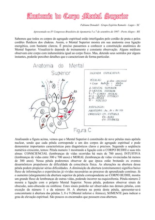 Fabiana Donadel - Grupo Espírita Ramatís - Lages - SC
Apresentado no IV Congresso Brasileiro de Apometria 5 a 7 de setembro de 1997 - Porto Alegre - RS
Sabemos que todos os corpos do agregado espiritual estão interligados pelo cordão de prata e pelos
cordões fluídicos dos chakras. Assim, o Mental Superior mostra em sua anatomia essa ligação
energética, com bastante clareza. É preciso passarmos a conhecer a constituição anatômica do
Mental Superior. Visualizá-lo depende de treinamento e constante observação. Alguns médiuns
observam este corpo com indumentária igual ao corpo físico. Mas, detendo seus sentidos por alguns
instantes, poderão perceber detalhes que o caracterizam de forma particular.
Analisando a figura acima, vemos que o Mental Superior é constituído de nove pétalas mais apétala
nuclear, sendo que cada pétala corresponde a um dos corpos do agregado espiritual e pode
demonstrar importantes características para diagnósticos claros e precisos. Seguindo a seqüência
numérica crescente, temos: Pétala numero 1 mostrando a ligação com o CORPO BUDHI e suas três
almas: CONSCIENCIAL (lembranças de vidas ocorridas há mais de 700 anos); INTUITIVA
(lembranças de vidas entre 300 e 700 anos) e MORAL (lembranças de vidas vivenciadas há menos
de 300 anos). Nessa pétala poderemos observar de que época estão brotando os eventos
desarmônicos propulsores de dificuldade da consciência física. As alterações na abertura dessa
pétala podem propiciar sérias dificuldades. A diminuição da abertura (estreitamento) significa baixo
fluxo de informações e experiências já vividas necessárias ao processo de aprendizado contínuo. Já
o aumento (alargamento) da abertura superior da pétala correspondente ao CORPO BUDHI, mostra
um grande fluxo de lembranças de outras vidas, podendo incorrer na esquizofrenia. Pétala número 2
mostra a ligação com o próprio Mental Superior. Nessa pétala, podemos observar sinais de
obsessão, auto-obsessão ou simbiose. Estes sinais poderão ser observados nas demais pétalas, com
exceção da número 1 e da número 10. A abertura na ponta desta pétala, apresentar-se-á
concomitante à abertura das pétalas 3, 8 e 9 (Mental inferior e Átmico), SOMENTE para indicar o
grau de elevação espiritual. São poucos os encarnados que possuem essa abertura.
 