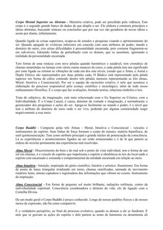 Corpo Mental Superior ou Abstrato - Memória criativa, pode ser percebido pela vidência. Este
corpo é o segundo grande banco de dados de que dispõe o ser. Ele elabora e estrutura princípios e
idéias abstratas, buscando sínteses ou conclusões que por sua vez são geradoras de novas idéias e
assim por diante, infinitamente.
Quando ligado às coisas superiores, ocupa-se de estudos e pesquisas visando o aprimoramento do
ser. Quando apegado às vivências inferiores em conexão com seus atributos de poder, mando e
domínio do meio, cria sérias dificuldades à personalidade encarnada, pois costuma fragmentar-se
em sub-níveis, liderando linhas de perturbação com os demais, que se ausentam, ignorando a
realidade da personalidade encarnada.
Tem forma de uma rosácea com nove pétalas quando harmônico e saudável, tom cromático de
chamas amareladas ou laranja com várias outras nuances de cores, e cada pétala tem um significado
por estar ligada ou retratar as vibrações de cada um dos sete níveis, (sendo que o Átma, o Astral e
Duplo Etérico são representados por duas pétalas cada, O Búdico está representado pela pétala
superior em forma de cálice contendo dentro três pétalas menores representando as três almas,
Moral, Intuitiva e Consciencial). Por ser o equipo do raciocínio criativo, é nele que acontece a
elaboração do processo responsável pelo avanço científico e tecnológico, além de todo nosso
embasamento filosófico. É o corpo que faz avaliações, formula teorias, relaciona símbolos e leis.
Trata do subjetivo, da imaginação, está mais relacionado com o Eu Superior ou Crístico, com a
Individualidade. É o Corpo Causal, é causa, detentor da vontade e imaginação, é normalmente o
gerenciador dos programas e ações do ser. Apega-se facilmente ao mando e poder, é o nível que
tem o atributo do domínio do meio onde o ser vive, podendo por alguma contrariedade reagir
negativamente a esse meio.
Corpo Buddhi - Composto pelas três Almas - Moral, Intuitiva e Consciencial - veículos e
instrumentos do espírito. Suas linhas de força formam o corpo do mesmo, matéria hiperfisica, de
sutil quintessenciação. Tem como atributo principal o grande núcleo de potenciação da consciência.
Lá as experiências e acontecimentos ligados ao ser estão armazenadas e é de lá que partem as
ordens do reciclar permanente das experiências mal resolvidas.
Alma Moral - Discernimento do bem e do mal sob o ponto de vista individual, tem a forma de um
sol em chamas, é o veículo do espírito que impulsiona o espírito a obediência às leis do local onde o
espírito está encarnado e comanda o comportamental da entidade encarnada em relação ao meio.
Alma Intuitiva - Intuição, inspiração do gênio científico, literário e artístico. Iluminismo. Em forma
de ponta de lança triangular irradiando em torno, chamas ramificadas, animada de movimento
rotatório lento, antena captadora e registradora das informações que vibram no cosmo. Instrumento
da inspiração.
Alma Consciencial - Em forma de pequeno sol muito brilhante, radiações retilíneas, centro da
individualidade espiritual. Consciência coordenadora e diretora da vida, elo de ligação com a
Centelha Divina.
De um modo geral o Corpo Buddhi é pouco conhecido. Longe de nossos padrões físicos e de nossos
meios de expressão, não há como compará-lo.
É o verdadeiro perispírito, ao final do processo evolutivo, quando os demais a ele se fundiram. É
nele que se gravam as ações do espírito e dele partem as notas de harmonia ou desarmonia ali
 