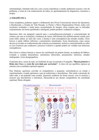 sintomatologia, Juntando tudo isso, com a nossa experiência e estudo, poderemos acessar a raiz do
problema, e como já é do conhecimento de todos, no aprofundamento do diagnóstico, iniciamos a
terapia.
A TERAPÊUTICA
Como terapêutica, podemos sugerir o alinhamento dos Níveis Conscienciais através da Apometria,
a Desobsessão, a Terapia de Vida Passada, os Florais e Micro Organizadores Florais, todos com
excelentes resultados e ainda temos recomendação de integrar várias terapias que se utilizadas
conjuntamente, de forma equilibrada e inteligente, podem produzir verdadeiros milagres.
Queremos abrir um parágrafo especial para o aconselhamento,orientação e conscientização da
criatura, que sem as avaliações e mudanças de rumos, dificilmente fica definitivamente curada, pois
como todos sabem, no mais das vezes, a doença é uma conseqüência das atitudes erradas, vícios
lesivos à saúde, hábitos inferiores e pensamentos tumultuados. Essas desarmonias, cujas causas
devem ser levadas ao conhecimento das criaturas em tratamento, inclusive conscientizando-as sobre
as Leis Cósmicas que conduzem o processo evolutivo e quenão podem ser violadas sem dolorosas
conseqüências.
Deve haver o esforço honesto e sincero de contribuição do próprio doente, na mudança de hábitos,
evitando a conduta desarmônica, sentimentos distorcidos, pensamentos inferiores, atitudes
inadequadas, vícios desagregadores.
O paciente deve, acima de tudo, ser lembrado do que recomenda o Evangelho, "Buscai primeiro o
Reino dos Céus e o resto lhe será dado por acréscimo". A chave de seu equilíbrio repouza na
sintonia com a realidade espiritual superior.
Para finalizar, queremos convidar os companheiros a pesquisar, estimulando-os ao estudo e
experimentação, visando aprimorar o que já conhecemos e descobrimos. Não tendo a pretensão de
saber tudo, e até podendo estar errados, queremos colaborar de forma sincera, com as técnicas e
recursos que descobrimos e utilizamos, oferecendo-as aos demais companheiros de caminhada
espiritual. Muito obrigado.
 