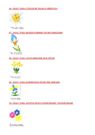 06 - M.O.F. PARA CÂNCER DE MAMA E PRÓSTATA
07 - M.O.F. PARA DESEQUILÍBRIOS NO METABOLISMO
08 - M.O.F. PARA AJUSTADOR DOS SUB-NÍVEIS
09 - M.O.F. PARA HARMONIZAÇÃO DE POLARIDADE
10 - M.O.F. PARA ACEITAÇÃO DA PATERNIDADE / MATERNIDADE
 