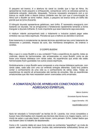 O pequeno sol branco, é a abertura do canal ou cordão que o liga ao Atma. Ao
apresentar-se muito pequeno e enfraquecido, comporta-se como se estivesse parcial ou
totalmente entupido, obstruído, bloqueado. Torna-se necessário energiza-lo com a cor
branca ou verde limão e depois branco cintilante isso faz com que a comunicação do
Atma com o Buddhi se torne melhor. Assim, o pequeno sol branco toma um brilho tão
grande que se torna ofuscante.
O triângulo dourado apresenta-se gelatinoso, sem brilho. É necessário energiza-lo com
bastante cor dourada. Vai se enrigecendo e fortalecendo rapidamente tomando a forma
triangular e dourado brilhante. É muito importante que esse tratamento seja executado.
A médium vidente acompanhará todo o tratamento e inclusive poderá pegar estes
símbolos nas sua mãos espirituais. Percebe-se que a melhora ao atendido é sensível.
Este tratamento é complementar às demais técnicas apométricas tais como tratamento de
obsessores e parasitas, limpeza da aura, dos meridianos energéticos, de chakras e
cordões.
O CORPO BUDDHI
Mas o que é o corpo Buddhi e o seu conteúdo? Toda a experiência do espírito, todas as
vivências, depois de harmonizadas, são armazenadas no corpo Buddhi, como se ele
fosse uma imensa biblioteca com várias salas. As experiências que ainda não estão
harmonizadas ficam guardadas nos outros corpos espirituais.
Simbolicamente o corpo Buddhi seria comparado a uma imensa biblioteca particular, com
várias salas, cada sala com uma cor emitindo energias diferentes. Cada livro poderia
conter o conhecimento de uma vida ou o conhecimento de várias vidas. Todas as
experiências do espírito ali armazenadas são isentas de emoções. São as experiências
amadurecidas que não mais necessitam serem vivenciadas como encarnado.
A SOMATIZAÇÃO DE APARELHOS CONECTADOS NO
AGREGADO ESPIRITUAL
Márcio Godinho
Sociedade Espírita Ramatís
Lagoa Vermelha - RS
mgodinho@st.com.br
Após ter estudado e "comprovado" as teorias do Dr. Lacerda, nos vimos compelidos a
buscar mais informações com respeito aos técnicos das trevas e os magos negros, com o
intuito de saber o que eles fazem, onde moram, como pensam. Enfim, coletar dados que
nos fossem úteis no trabalho de desobsessão.
Como o Dr. Lacerda relata em seus livros sobre os conhecidos "aparelhos", ao invés de
querer saber como eles funcionam (muitos são extremamente sofisticados) fomos em
 