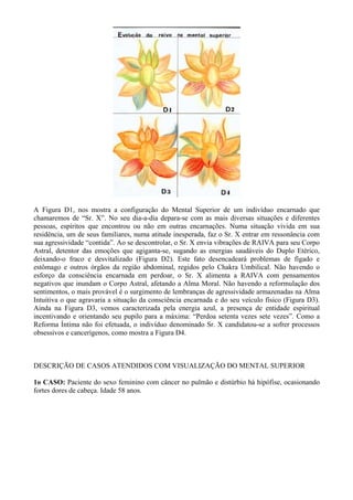 A Figura D1, nos mostra a configuração do Mental Superior de um indivíduo encarnado que
chamaremos de “Sr. X”. No seu dia-a-dia depara-se com as mais diversas situações e diferentes
pessoas, espíritos que encontrou ou não em outras encarnações. Numa situação vivida em sua
residência, um de seus familiares, numa atitude inesperada, faz o Sr. X entrar em ressonância com
sua agressividade “contida”. Ao se descontrolar, o Sr. X envia vibrações de RAIVA para seu Corpo
Astral, detentor das emoções que agiganta-se, sugando as energias saudáveis do Duplo Etérico,
deixando-o fraco e desvitalizado (Figura D2). Este fato desencadeará problemas de fígado e
estômago e outros órgãos da região abdominal, regidos pelo Chakra Umbilical. Não havendo o
esforço da consciência encarnada em perdoar, o Sr. X alimenta a RAIVA com pensamentos
negativos que inundam o Corpo Astral, afetando a Alma Moral. Não havendo a reformulação dos
sentimentos, o mais provável é o surgimento de lembranças de agressividade armazenadas na Alma
Intuitiva o que agravaria a situação da consciência encarnada e do seu veículo físico (Figura D3).
Ainda na Figura D3, vemos caracterizada pela energia azul, a presença de entidade espiritual
incentivando e orientando seu pupilo para a máxima: “Perdoa setenta vezes sete vezes”. Como a
Reforma Íntima não foi efetuada, o indivíduo denominado Sr. X candidatou-se a sofrer processos
obsessivos e cancerígenos, como mostra a Figura D4.
DESCRIÇÃO DE CASOS ATENDIDOS COM VISUALIZAÇÃO DO MENTAL SUPERIOR
1o CASO: Paciente do sexo feminino com câncer no pulmão e distúrbio há hipófise, ocasionando
fortes dores de cabeça. Idade 58 anos.
 