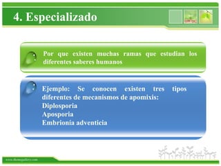 4. Especializado

                       Por que existen muchas ramas que estudian los
                 .     diferentes saberes humanos


                .      Ejemplo: Se conocen existen tres        tipos
                       diferentes de mecanismos de apomixis:
                       Diplosporia
                       Aposporia
                       Embrionía adventicia




www.themegallery.com
 