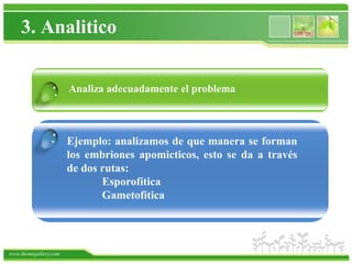 3. Analitico


                 . Analiza adecuadamente el problema


                .      Ejemplo: analizamos de que manera se forman
                       los embriones apomicticos, esto se da a través
                       de dos rutas:
                              Esporofítica
                              Gametofítica




www.themegallery.com
 