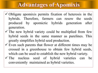  Obligate apomixis permits fixation of heterosis in the
hybrids. Therefore, farmers can resow the seeds
produced by apomictic hybrids generation after
generation.
 The new hybrid variety could be multiplied from few
hybrid seeds in the same manner as purelines. This
greatly simplifies hybrid seed production.
 Even such parents that flower at different times may be
crossed in a greenhouse to obtain few hybrid seeds,
which can be used to establish the new hybrid variety.
 The nucleus seed of hybrid varieties can be
conveniently maintained as hybrid varieties.
 