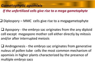  Diplospory – MMC cells give rise to a megagametophyte
 Apospory - the embryo sac originates from the any diploid
cell except megaspore mother cell either directly by mitosis
and/or after interrupted meiosis
 Androgenesis - the embryo sac originates from generative
nuleus of pollen tube cells the most common mechanism of
apomixis in higher plants characterized by the presence of
multiple embryo sacs
Gametophytic apomixis
If the unfertilized cells give rise to a mega gametophyte
 