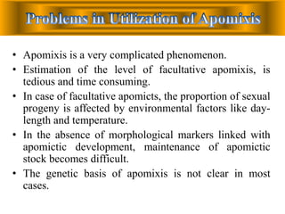 • Apomixis is a very complicated phenomenon.
• Estimation of the level of facultative apomixis, is
tedious and time consuming.
• In case of facultative apomicts, the proportion of sexual
progeny is affected by environmental factors like day-
length and temperature.
• In the absence of morphological markers linked with
apomictic development, maintenance of apomictic
stock becomes difficult.
• The genetic basis of apomixis is not clear in most
cases.
 
