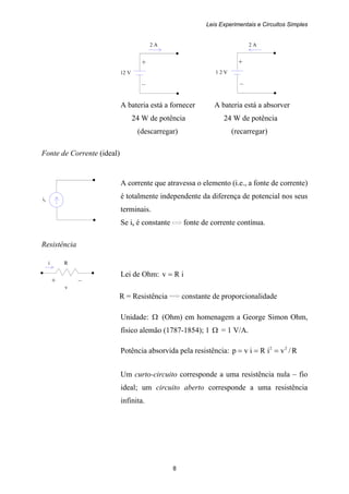 Leis Experimentais e Circuitos Simples
8
+
12 V
–
+
1 2 V
–
is
+ –
v
2 A 2 A
A bateria está a fornecer A bateria está a absorver
24 W de potência 24 W de potência
(descarregar) (recarregar)
Fonte de Corrente (ideal)
A corrente que atravessa o elemento (i.e., a fonte de corrente)
é totalmente independente da diferença de potencial nos seus
terminais.
Se is é constante fonte de corrente contínua.
Resistência
i R
Lei de Ohm: iRv =
R = Resistência constante de proporcionalidade
Unidade: Ω (Ohm) em homenagem a George Simon Ohm,
físico alemão (1787-1854); 1 Ω = 1 V/A.
Potência absorvida pela resistência: R/viRivp 22
===
Um curto-circuito corresponde a uma resistência nula – fio
ideal; um circuito aberto corresponde a uma resistência
infinita.
 
