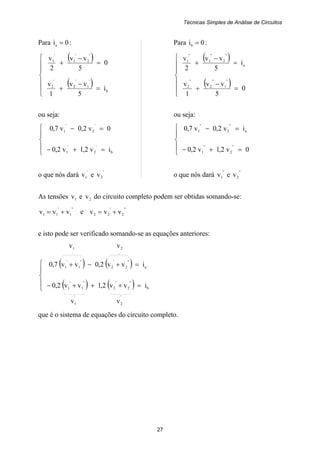 Técnicas Simples de Análise de Circuitos
27
Para 0ia = : Para 0ib = :
( )
( )⎪
⎪
⎩
⎪
⎪
⎨
⎧
=
−
+
=
−
+
b
'
1
'
2
'
2
'
2
'
1
'
1
i
5
vv
1
v
0
5
vv
2
v ( )
( )⎪
⎪
⎩
⎪
⎪
⎨
⎧
=
−
+
=
−
+
0
5
vv
1
v
i
5
vv
2
v
''
1
''
2
''
2
a
''
2
''
1
''
1
ou seja: ou seja:
⎪
⎩
⎪
⎨
⎧
=+−
=−
b
'
2
'
1
'
2
'
1
iv2,1v2,0
0v2,0v7,0
⎪
⎩
⎪
⎨
⎧
=+−
=−
0v2,1v2,0
iv2,0v7,0
''
2
''
1
a
''
2
''
1
o que nós dará
'
1v e
'
2v o que nós dará
''
1v e
''
2v
As tensões 1v e 2v do circuito completo podem ser obtidas somando-se:
''
1
'
11 vvv += e
''
2
'
22 vvv +=
e isto pode ser verificado somando-se as equações anteriores:
1v 2v
( ) ( )
( ) ( )⎪
⎩
⎪
⎨
⎧
=+++−
=+−+
b
''
2
'
2
''
1
'
1
a
''
2
'
2
''
1
'
1
ivv2,1vv2,0
ivv2,0vv7,0
1v 2v
que é o sistema de equações do circuito completo.
 